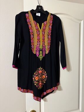 Black Embroidered V-Neck Tunic with Pink and Orange Floral Detail